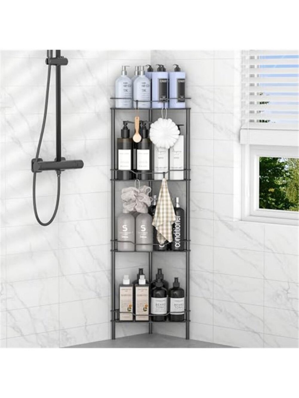 4 Tier Floor Standing Corner Shower Caddy Organizer Shelf with Hooks, Bathroom